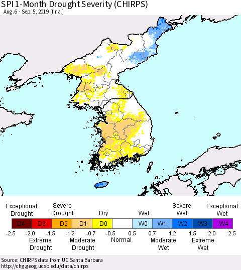 Korea SPI 1-Month Drought Severity (CHIRPS) Thematic Map For 8/6/2019 - 9/5/2019