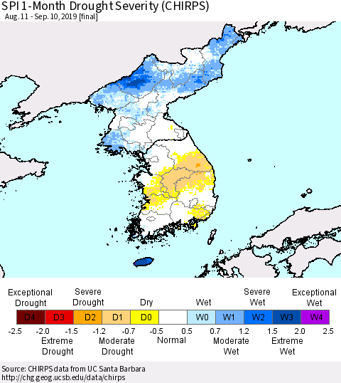 Korea SPI 1-Month Drought Severity (CHIRPS) Thematic Map For 8/11/2019 - 9/10/2019