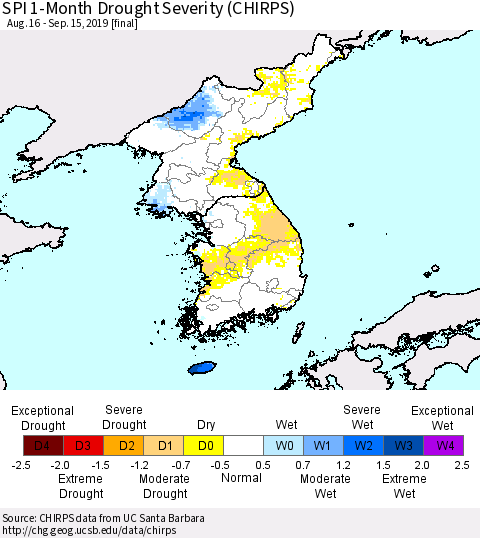 Korea SPI 1-Month Drought Severity (CHIRPS) Thematic Map For 8/16/2019 - 9/15/2019