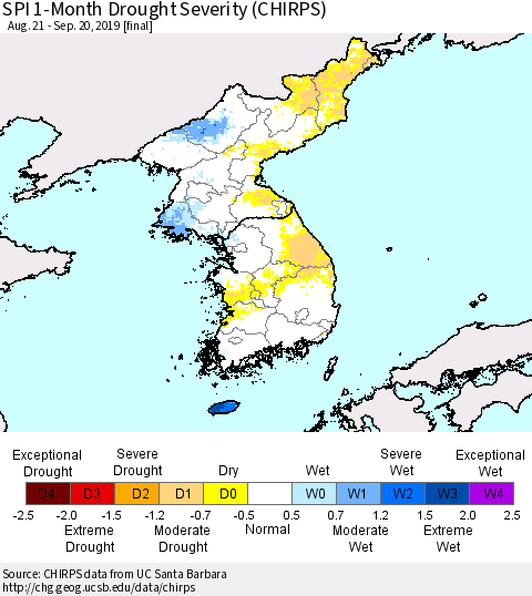 Korea SPI 1-Month Drought Severity (CHIRPS) Thematic Map For 8/21/2019 - 9/20/2019