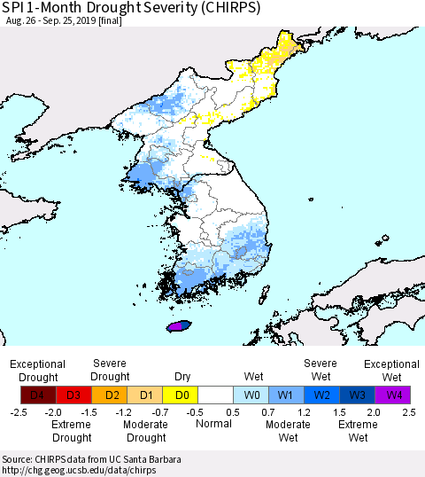 Korea SPI 1-Month Drought Severity (CHIRPS) Thematic Map For 8/26/2019 - 9/25/2019