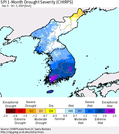 Korea SPI 1-Month Drought Severity (CHIRPS) Thematic Map For 9/6/2019 - 10/5/2019