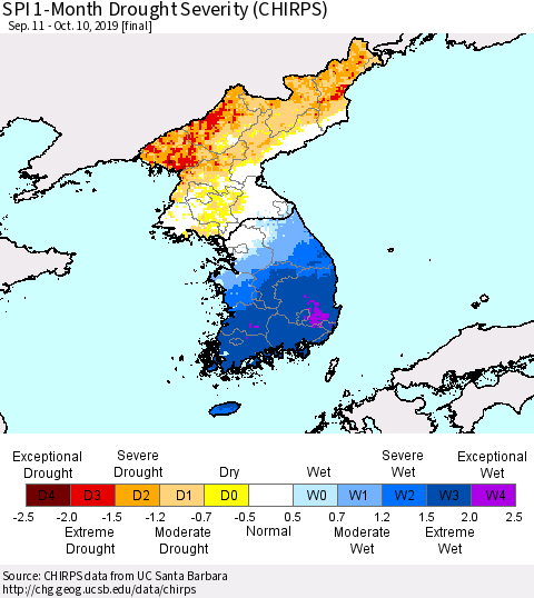 Korea SPI 1-Month Drought Severity (CHIRPS) Thematic Map For 9/11/2019 - 10/10/2019