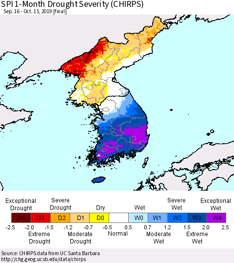 Korea SPI 1-Month Drought Severity (CHIRPS) Thematic Map For 9/16/2019 - 10/15/2019