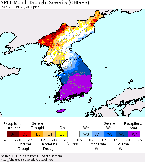Korea SPI 1-Month Drought Severity (CHIRPS) Thematic Map For 9/21/2019 - 10/20/2019