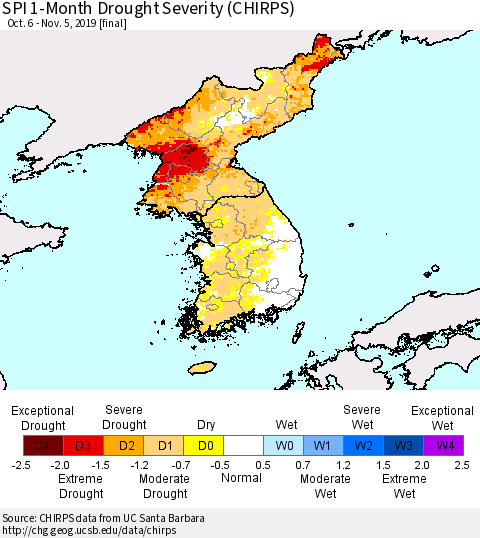 Korea SPI 1-Month Drought Severity (CHIRPS) Thematic Map For 10/6/2019 - 11/5/2019