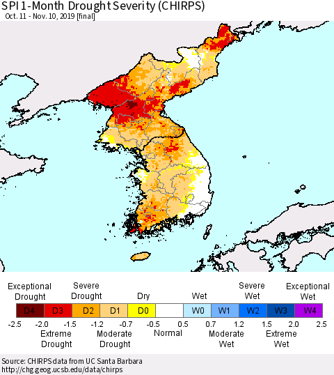 Korea SPI 1-Month Drought Severity (CHIRPS) Thematic Map For 10/11/2019 - 11/10/2019