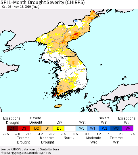 Korea SPI 1-Month Drought Severity (CHIRPS) Thematic Map For 10/16/2019 - 11/15/2019