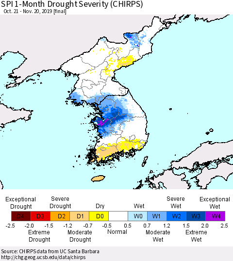Korea SPI 1-Month Drought Severity (CHIRPS) Thematic Map For 10/21/2019 - 11/20/2019