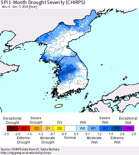 Korea SPI 1-Month Drought Severity (CHIRPS) Thematic Map For 11/6/2019 - 12/5/2019