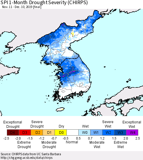 Korea SPI 1-Month Drought Severity (CHIRPS) Thematic Map For 11/11/2019 - 12/10/2019