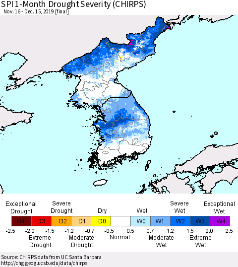Korea SPI 1-Month Drought Severity (CHIRPS) Thematic Map For 11/16/2019 - 12/15/2019
