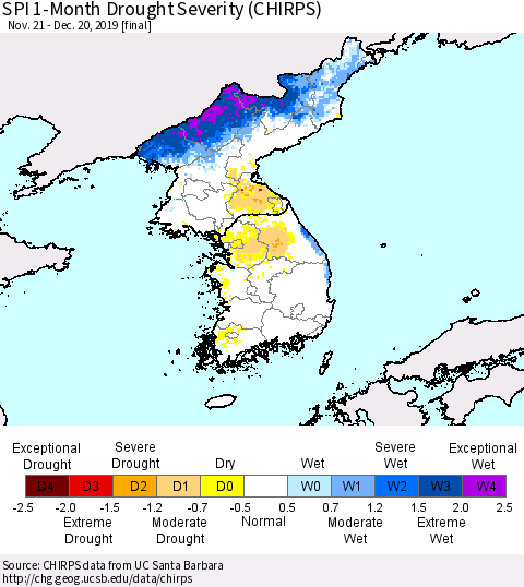 Korea SPI 1-Month Drought Severity (CHIRPS) Thematic Map For 11/21/2019 - 12/20/2019