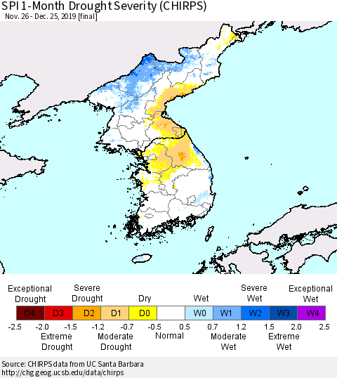 Korea SPI 1-Month Drought Severity (CHIRPS) Thematic Map For 11/26/2019 - 12/25/2019