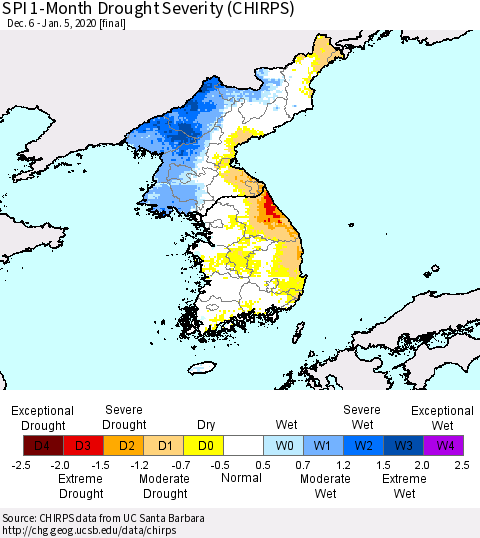 Korea SPI 1-Month Drought Severity (CHIRPS) Thematic Map For 12/6/2019 - 1/5/2020