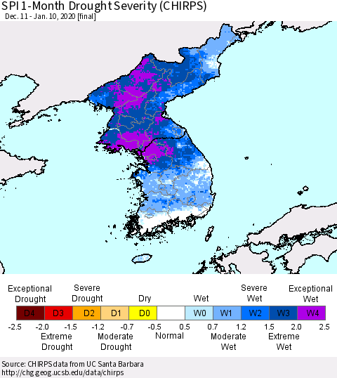 Korea SPI 1-Month Drought Severity (CHIRPS) Thematic Map For 12/11/2019 - 1/10/2020