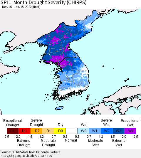 Korea SPI 1-Month Drought Severity (CHIRPS) Thematic Map For 12/16/2019 - 1/15/2020