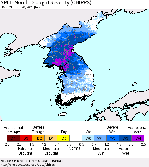Korea SPI 1-Month Drought Severity (CHIRPS) Thematic Map For 12/21/2019 - 1/20/2020