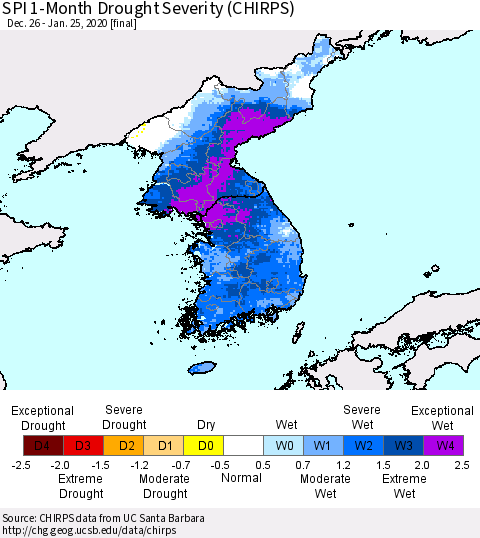 Korea SPI 1-Month Drought Severity (CHIRPS) Thematic Map For 12/26/2019 - 1/25/2020
