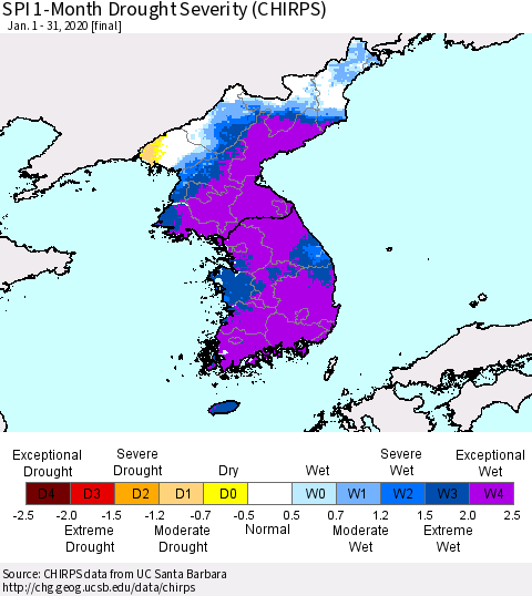 Korea SPI 1-Month Drought Severity (CHIRPS) Thematic Map For 1/1/2020 - 1/31/2020