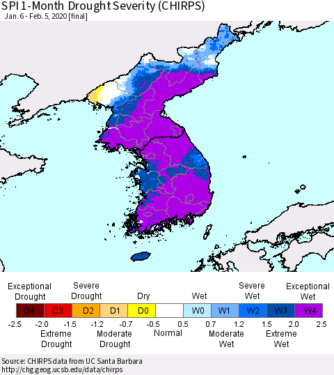 Korea SPI 1-Month Drought Severity (CHIRPS) Thematic Map For 1/6/2020 - 2/5/2020