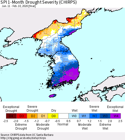Korea SPI 1-Month Drought Severity (CHIRPS) Thematic Map For 1/11/2020 - 2/10/2020