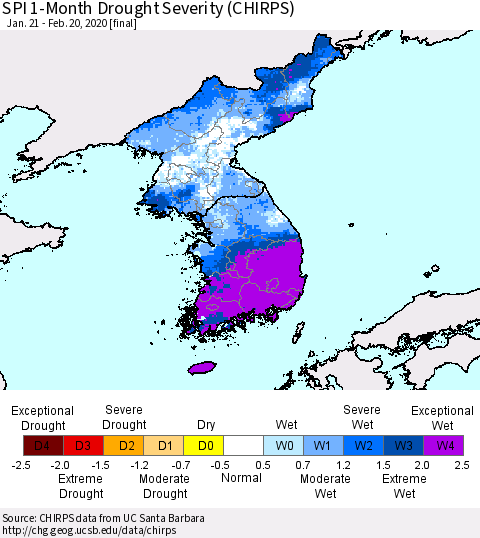 Korea SPI 1-Month Drought Severity (CHIRPS) Thematic Map For 1/21/2020 - 2/20/2020