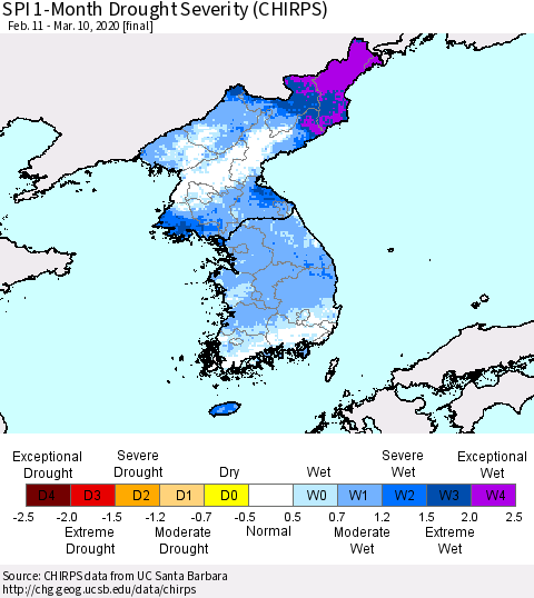 Korea SPI 1-Month Drought Severity (CHIRPS) Thematic Map For 2/11/2020 - 3/10/2020