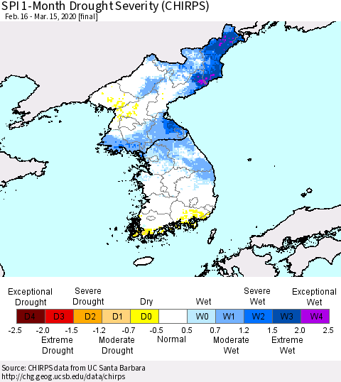 Korea SPI 1-Month Drought Severity (CHIRPS) Thematic Map For 2/16/2020 - 3/15/2020