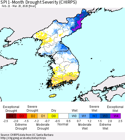 Korea SPI 1-Month Drought Severity (CHIRPS) Thematic Map For 2/21/2020 - 3/20/2020