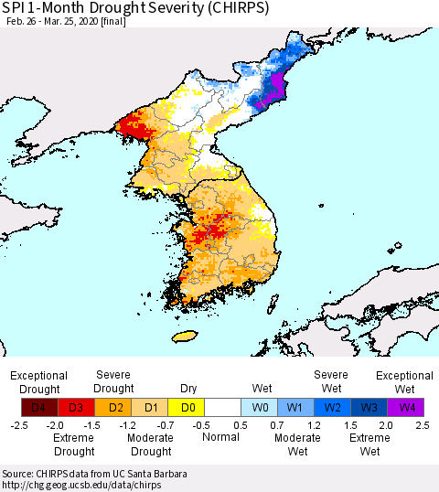 Korea SPI 1-Month Drought Severity (CHIRPS) Thematic Map For 2/26/2020 - 3/25/2020