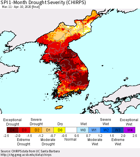 Korea SPI 1-Month Drought Severity (CHIRPS) Thematic Map For 3/11/2020 - 4/10/2020