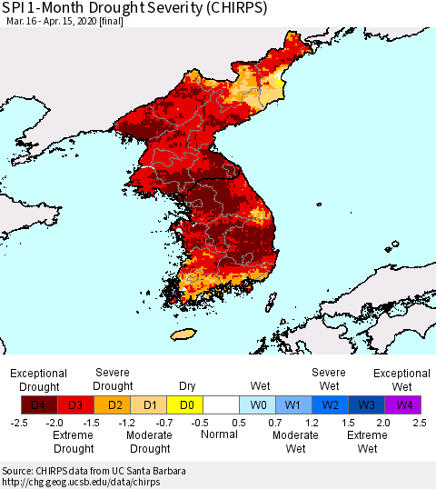 Korea SPI 1-Month Drought Severity (CHIRPS) Thematic Map For 3/16/2020 - 4/15/2020