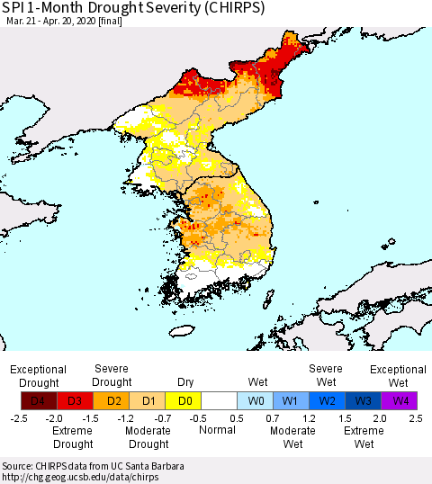 Korea SPI 1-Month Drought Severity (CHIRPS) Thematic Map For 3/21/2020 - 4/20/2020