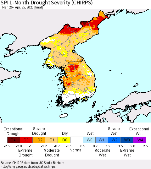 Korea SPI 1-Month Drought Severity (CHIRPS) Thematic Map For 3/26/2020 - 4/25/2020