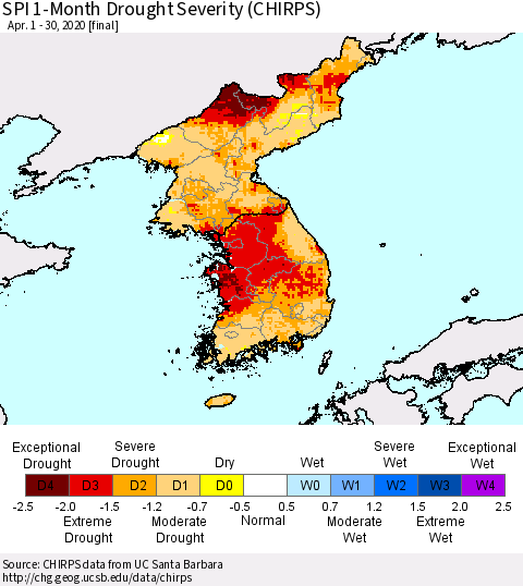 Korea SPI 1-Month Drought Severity (CHIRPS) Thematic Map For 4/1/2020 - 4/30/2020