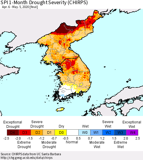 Korea SPI 1-Month Drought Severity (CHIRPS) Thematic Map For 4/6/2020 - 5/5/2020