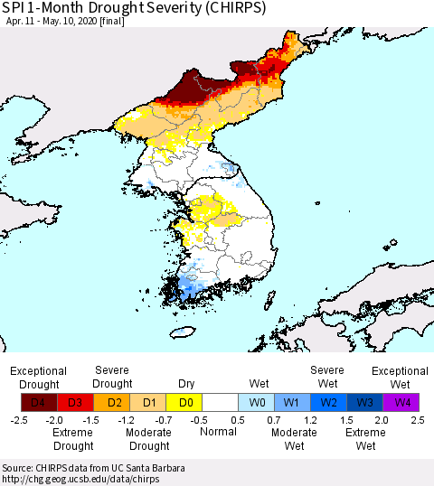 Korea SPI 1-Month Drought Severity (CHIRPS) Thematic Map For 4/11/2020 - 5/10/2020
