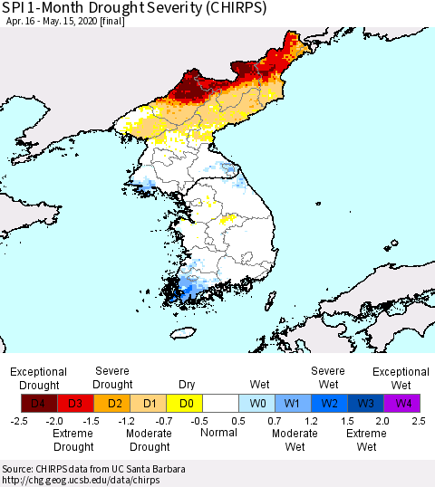 Korea SPI 1-Month Drought Severity (CHIRPS) Thematic Map For 4/16/2020 - 5/15/2020