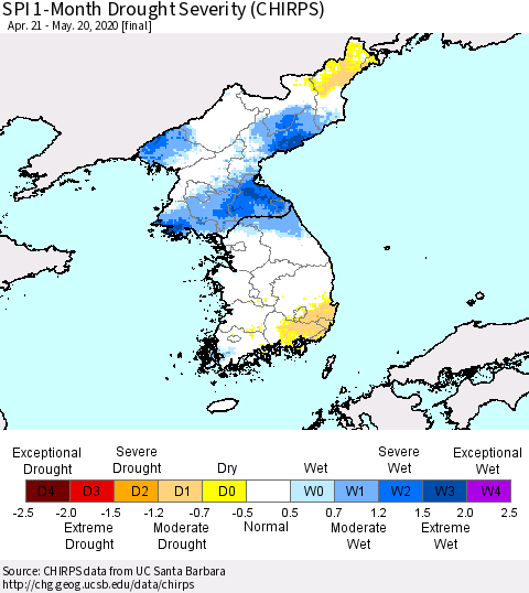 Korea SPI 1-Month Drought Severity (CHIRPS) Thematic Map For 4/21/2020 - 5/20/2020