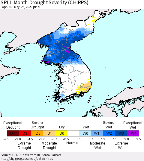 Korea SPI 1-Month Drought Severity (CHIRPS) Thematic Map For 4/26/2020 - 5/25/2020
