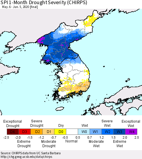 Korea SPI 1-Month Drought Severity (CHIRPS) Thematic Map For 5/6/2020 - 6/5/2020