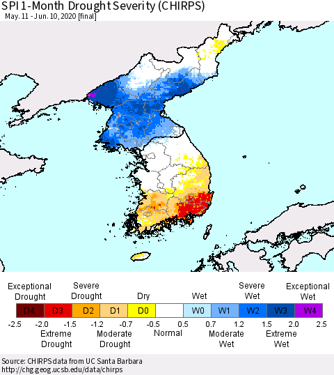 Korea SPI 1-Month Drought Severity (CHIRPS) Thematic Map For 5/11/2020 - 6/10/2020