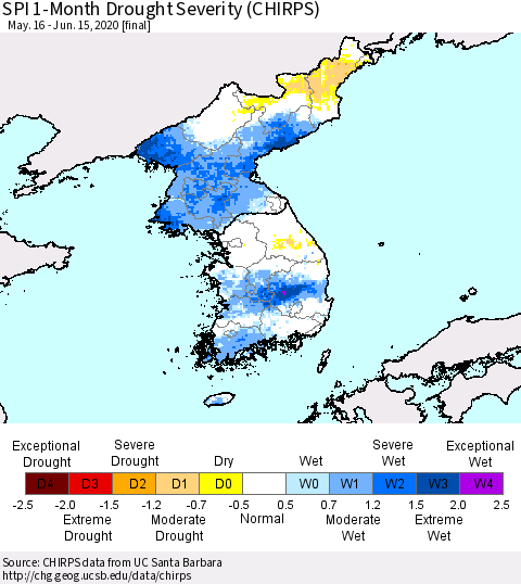 Korea SPI 1-Month Drought Severity (CHIRPS) Thematic Map For 5/16/2020 - 6/15/2020