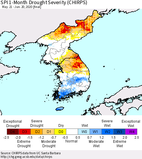 Korea SPI 1-Month Drought Severity (CHIRPS) Thematic Map For 5/21/2020 - 6/20/2020
