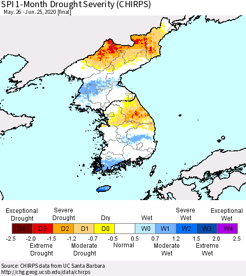 Korea SPI 1-Month Drought Severity (CHIRPS) Thematic Map For 5/26/2020 - 6/25/2020