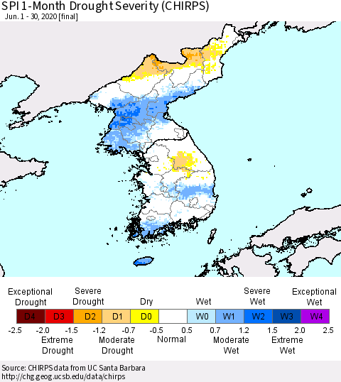 Korea SPI 1-Month Drought Severity (CHIRPS) Thematic Map For 6/1/2020 - 6/30/2020