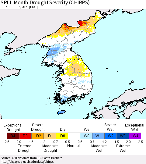 Korea SPI 1-Month Drought Severity (CHIRPS) Thematic Map For 6/6/2020 - 7/5/2020