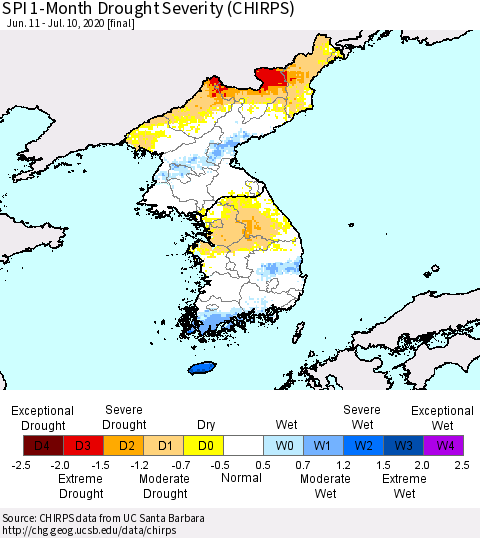 Korea SPI 1-Month Drought Severity (CHIRPS) Thematic Map For 6/11/2020 - 7/10/2020