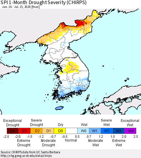 Korea SPI 1-Month Drought Severity (CHIRPS) Thematic Map For 6/16/2020 - 7/15/2020
